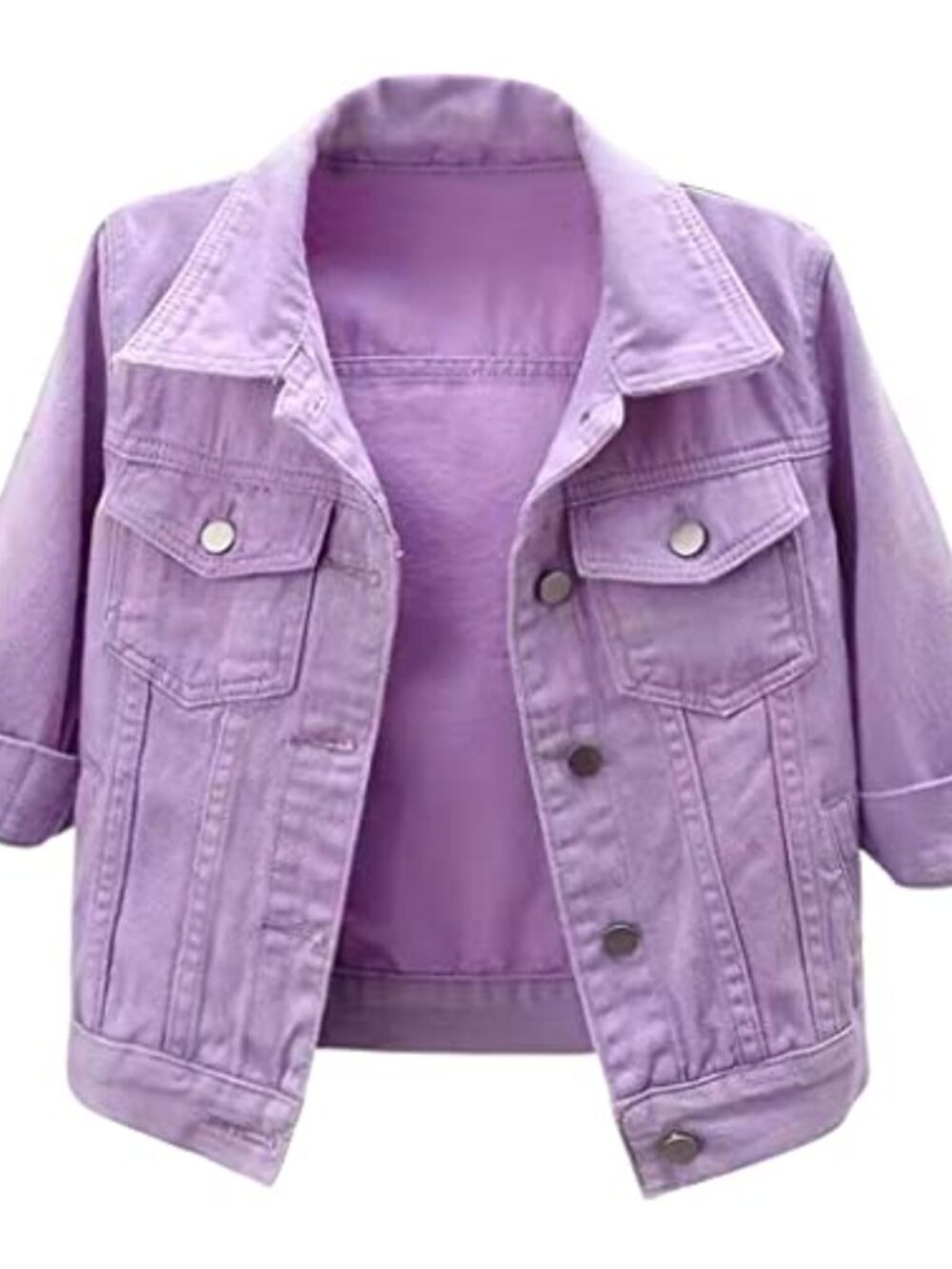 Women's Cropped Denim Jean Jacket 3/4 Sleeve Button Down Vintage Moto